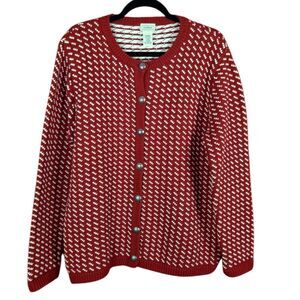 L.L. BEAN Vintage Birds Eye Cardigan Sweater Red White Wool Womens Size Large